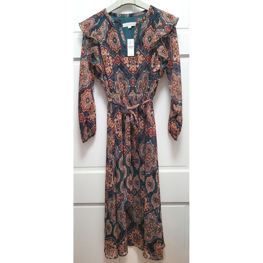 Loft Aztec Print Long Sleeve Tie-Waist Crepe Polyester Midi Dress - Teal - Small